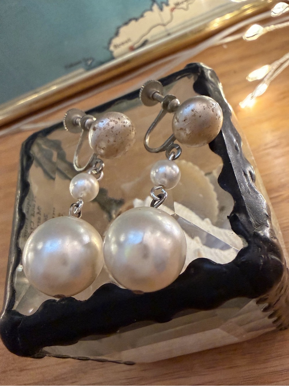 Pearl Double Drop Clip-On Earrings in White
